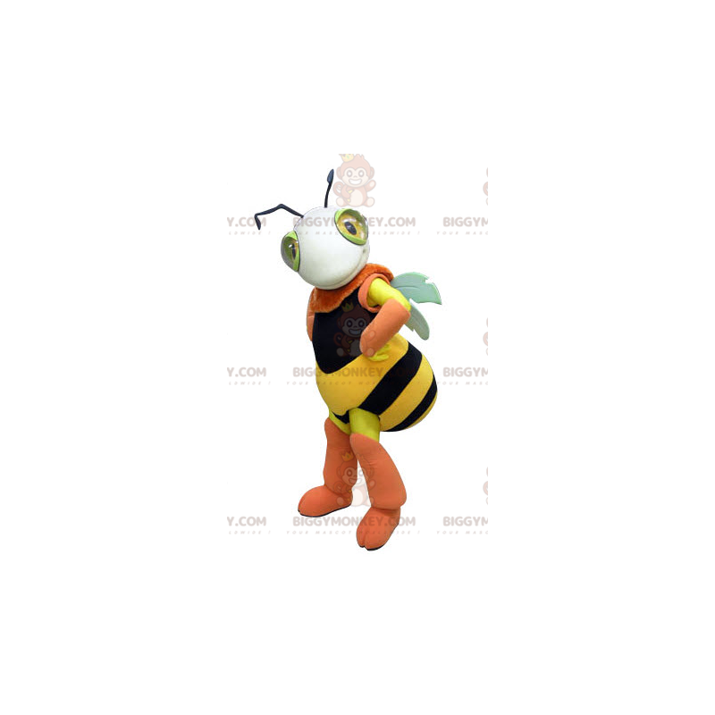 Traje de mascote BIGGYMONKEY™ amarelo abelha preta e rosa.