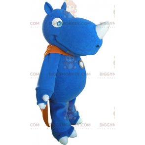 Traje de mascote rinoceronte azul BIGGYMONKEY™ com capa laranja