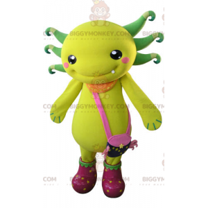 Costume mascotte BIGGYMONKEY™ creatura gialla e verde con borsa