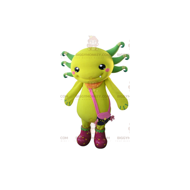 Costume mascotte BIGGYMONKEY™ creatura gialla e verde con borsa