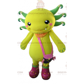 Costume mascotte BIGGYMONKEY™ creatura gialla e verde con borsa