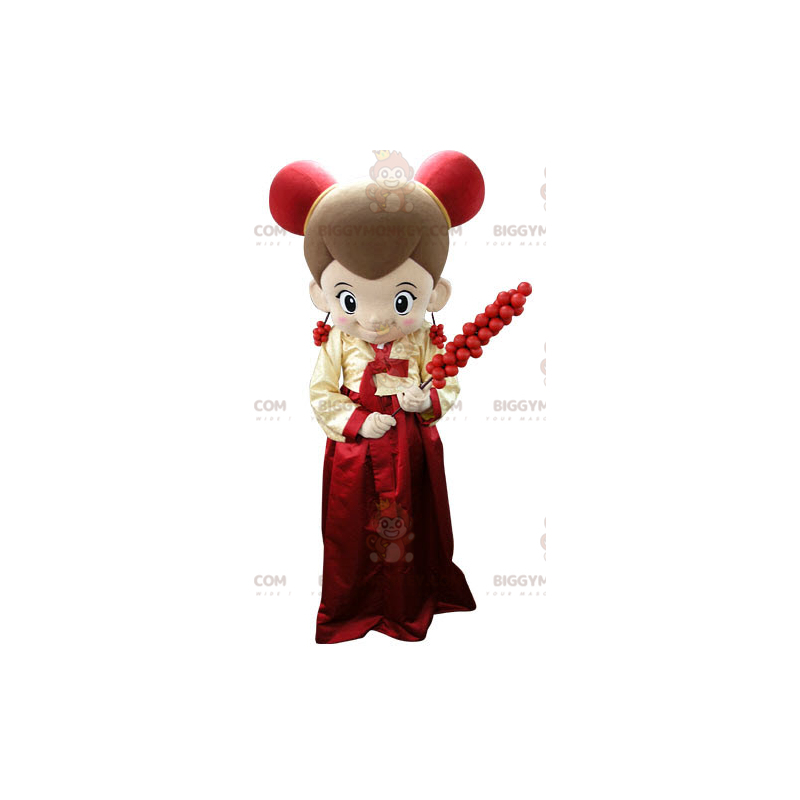 BIGGYMONKEY™ mascot costume girl dressed in red and yellow -