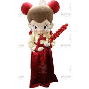 BIGGYMONKEY™ mascot costume girl dressed in red and yellow -