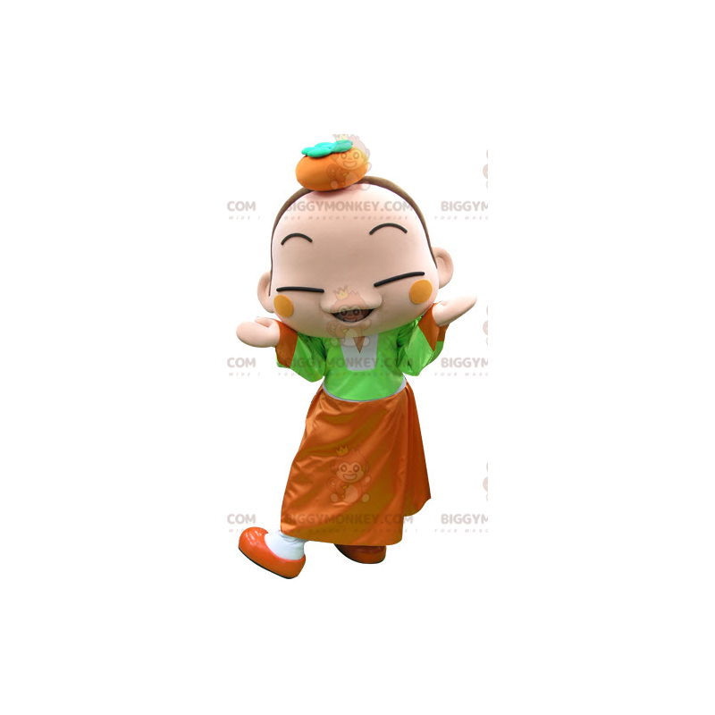 Kleurrijk BIGGYMONKEY™-mascottekostuum met een sinaasappel op
