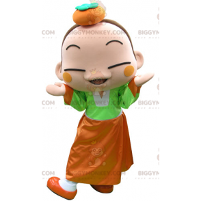 Kleurrijk BIGGYMONKEY™-mascottekostuum met een sinaasappel op