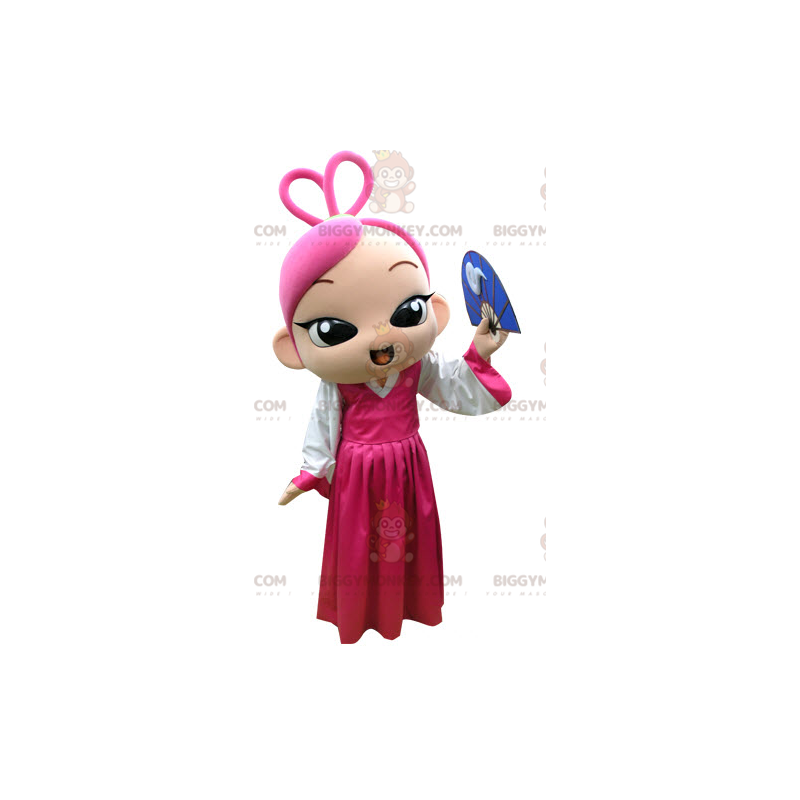 Pink Hair Girl BIGGYMONKEY™ Mascot Costume With Pink Dress -