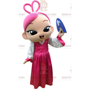 Pink Hair Girl BIGGYMONKEY™ Mascot Costume With Pink Dress -