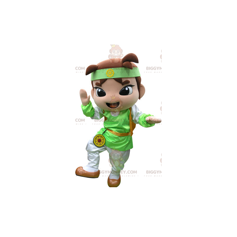 Brun dreng BIGGYMONKEY™ maskotkostume med grønt og hvidt outfit