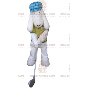 Kostým maskota bílého psa BIGGYMONKEY™ v golfovém oblečení –
