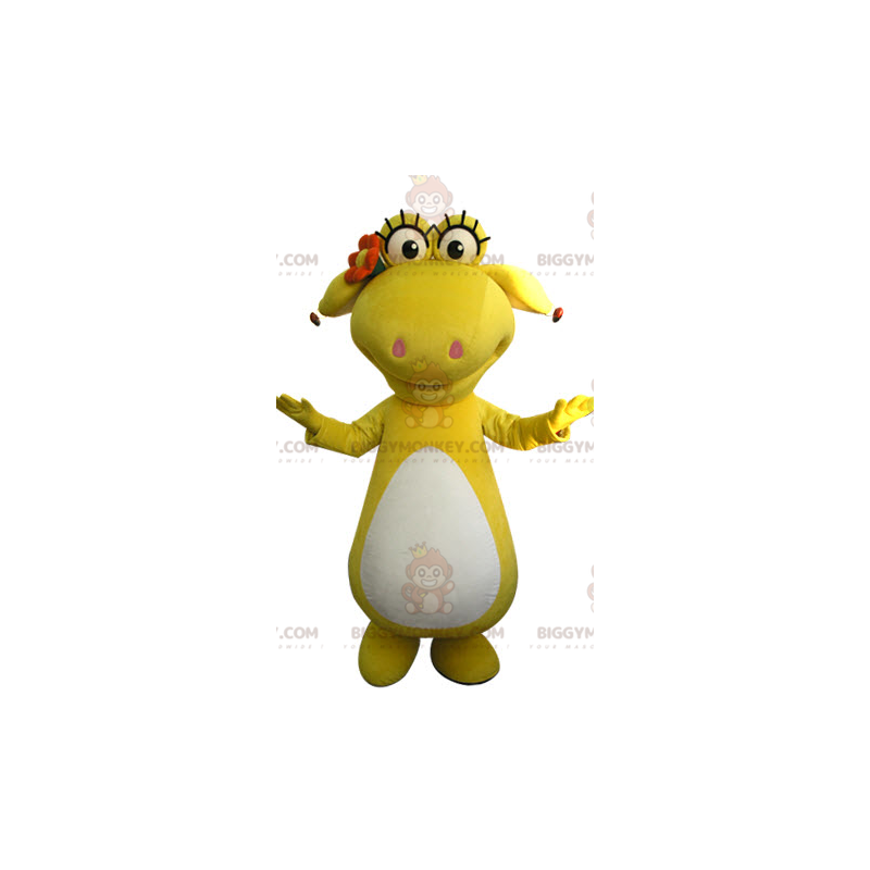 BIGGYMONKEY™ yellow and white dinosaur mascot costume. yellow