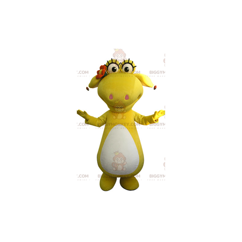 Disfraz de mascota de dinosaurio amarillo y blanco