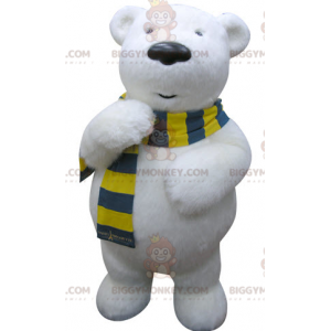 IJsbeer BIGGYMONKEY™ mascottekostuum met gele en blauwe sjaal -