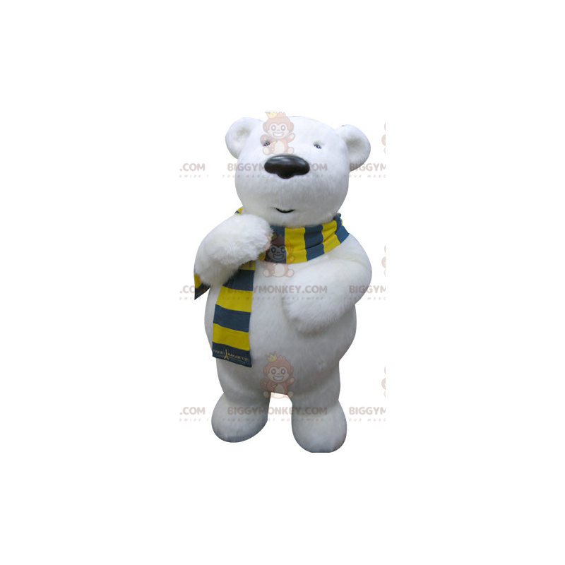 Isbjörn BIGGYMONKEY™ maskotdräkt med gul och blå halsduk -