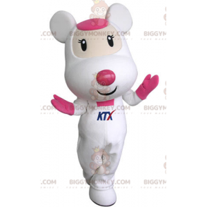 Bonito y cariñoso disfraz de mascota de ratón blanco y rosa