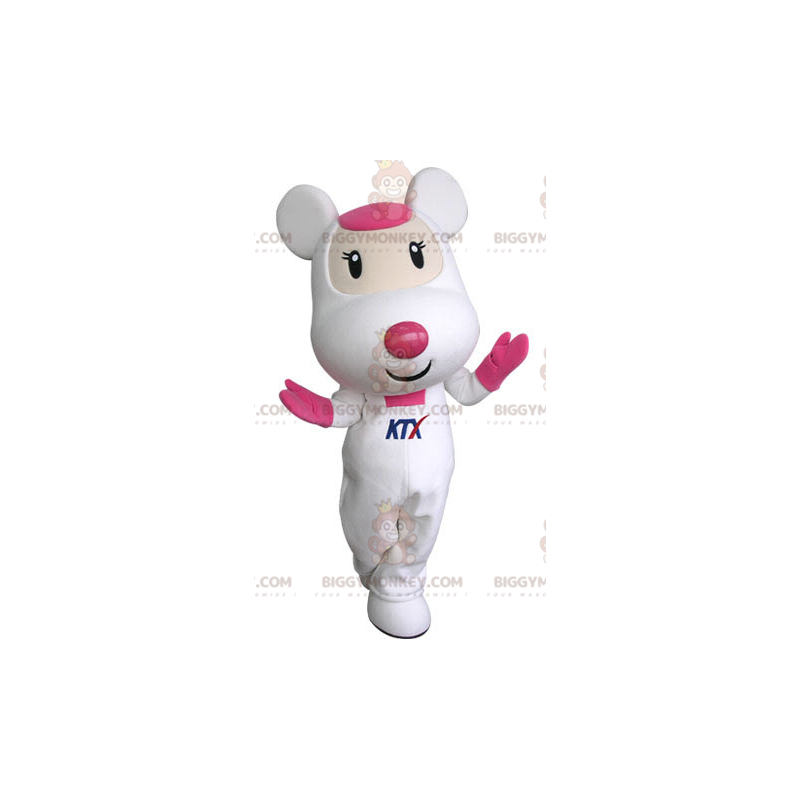 Bonito y cariñoso disfraz de mascota de ratón blanco y rosa