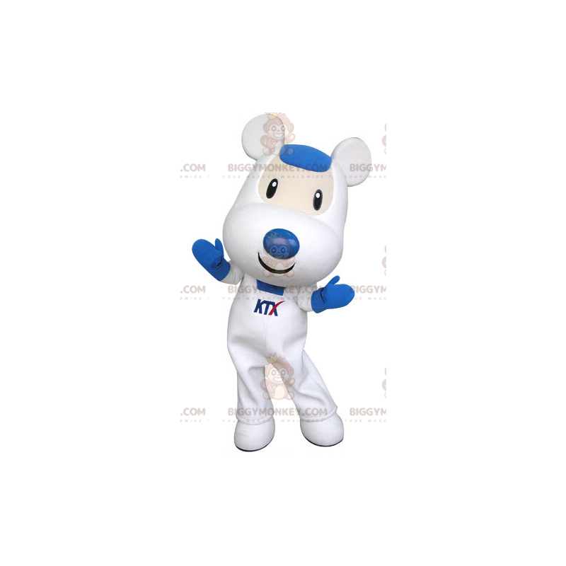 Bonito y cariñoso disfraz de mascota de ratón blanco y azul