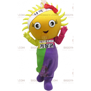 Costume de mascotte BIGGYMONKEY™ de soleil jaune géant habillé