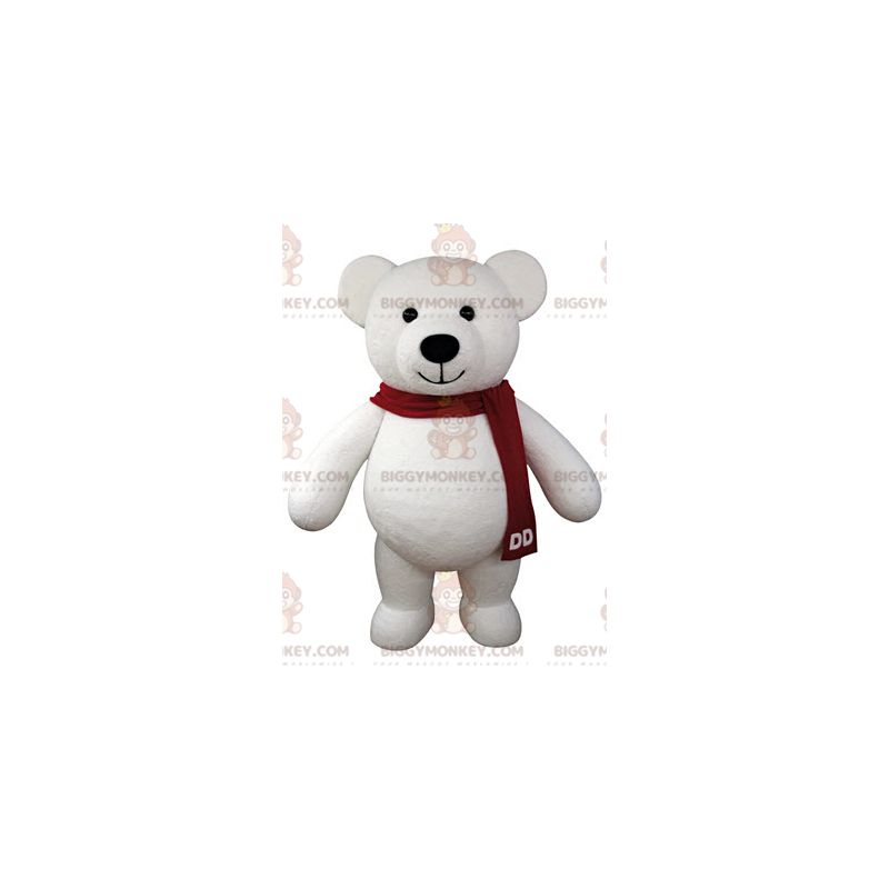 BIGGYMONKEY™ Eisbär-Maskottchen-Kostüm mit rotem Schal -