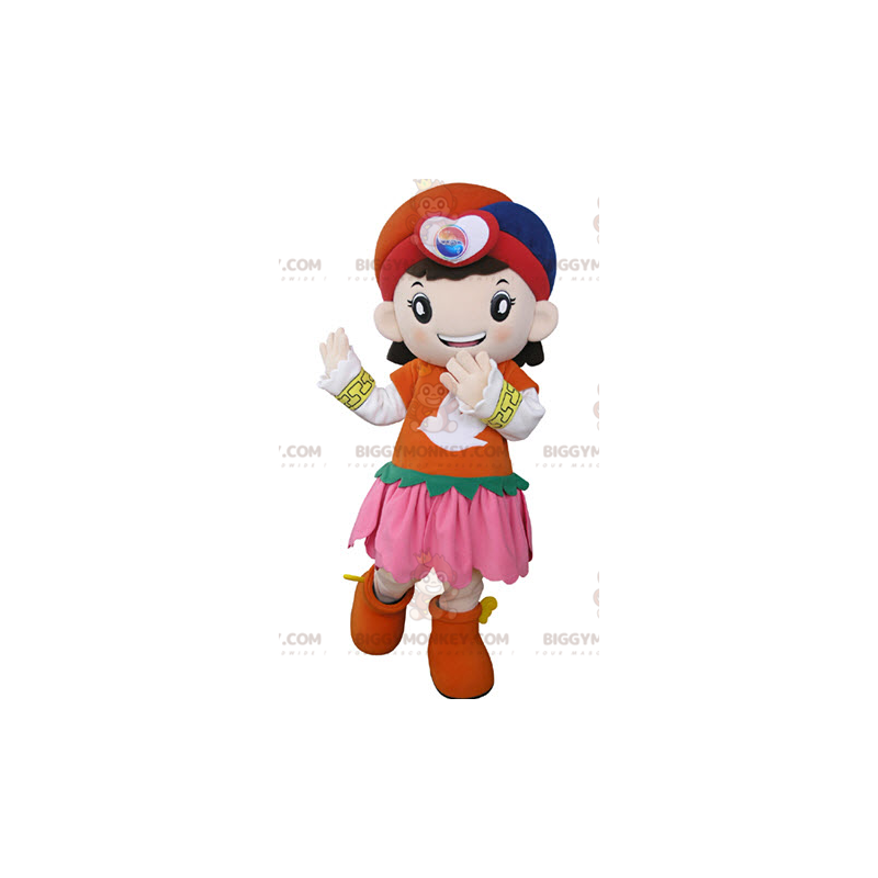 Girl BIGGYMONKEY™ Mascot Costume Dressed in Colorful Oriental