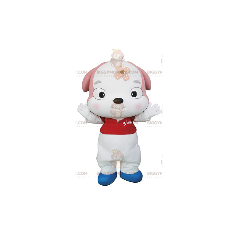 Costume mascotte BIGGYMONKEY™ cucciolo di cane bianco e rosa -