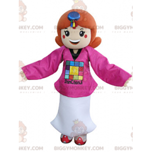 Traje de mascote BIGGYMONKEY™ para garota ruiva vestida de rosa