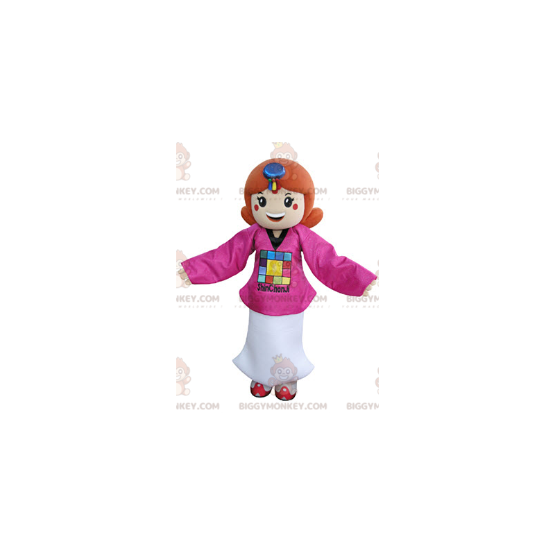 Redhead girl BIGGYMONKEY™ mascot costume dressed in pink and