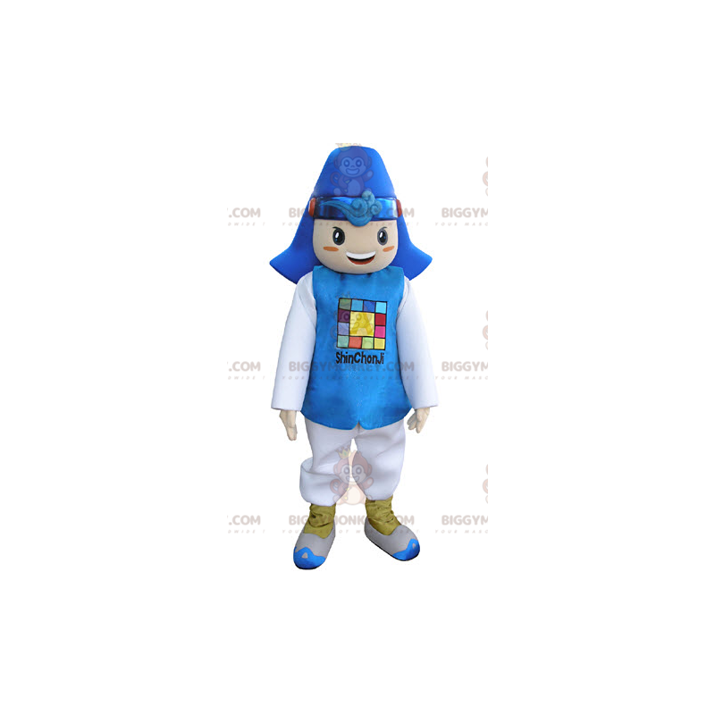 Boy's BIGGYMONKEY™ maskotdräkt klädd i blå och vit kostym. -