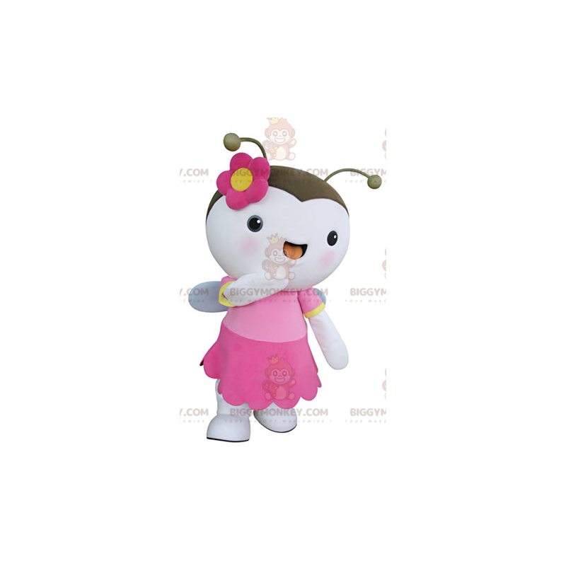 Kostým maskota BIGGYMONKEY™ s bílým a růžovým motýlem létajícím