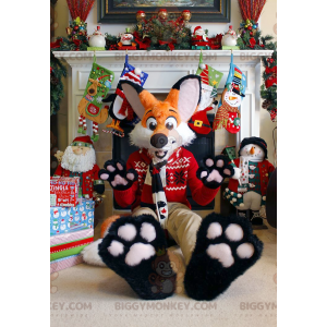 Kostým oranžovobílého liška BIGGYMONKEY™ maskota ve vánočním