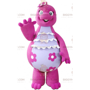 Traje de mascote bonito e engraçado de dinossauro rosa e branco