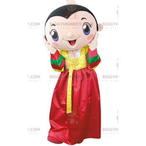 BIGGYMONKEY™ Mascot Costume of Brown Woman Wearing Yellow and