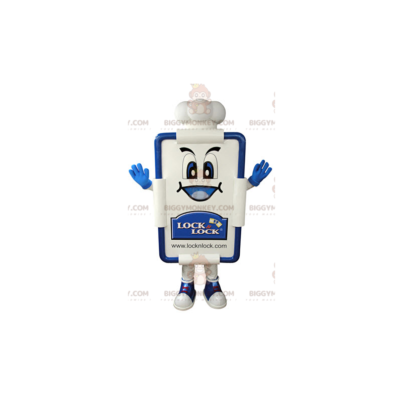Traje de mascote de cartão de restaurante branco e azul