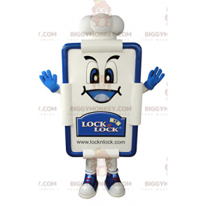 Traje de mascote de cartão de restaurante branco e azul