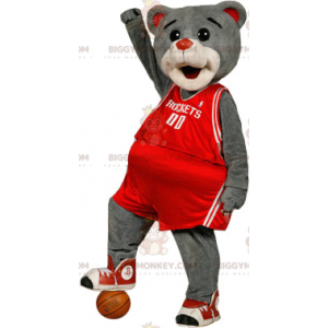BIGGYMONKEY™ maskotkostume af grå bjørn i rødt sportstøj -