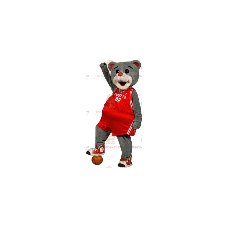 BIGGYMONKEY™ maskotkostume af grå bjørn i rødt sportstøj -