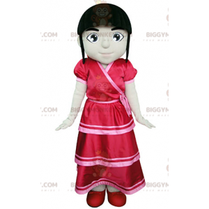 BIGGYMONKEY™ Mascot Costume of Brown Girl Dressed in Red Dress