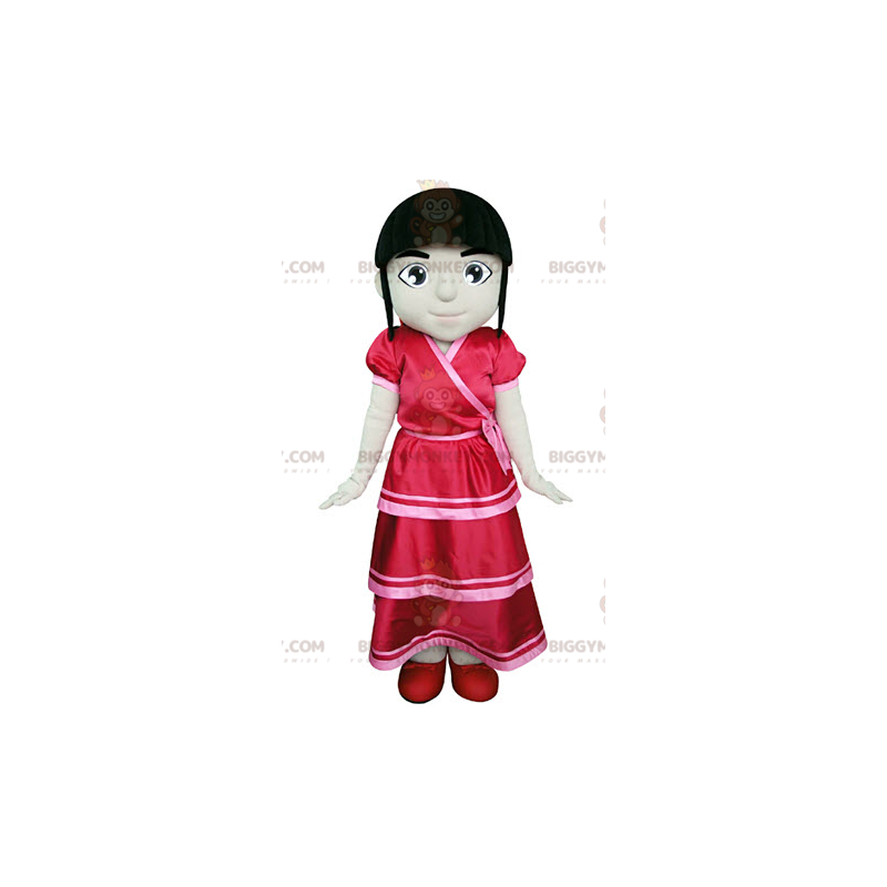 BIGGYMONKEY™ maskotdräkt av brun flicka klädd i röd klänning -