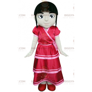 BIGGYMONKEY™ maskotdräkt av brun flicka klädd i röd klänning -