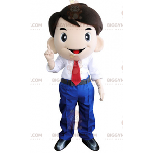 BIGGYMONKEY™ maskotdräkt av leende man i slipskostym -