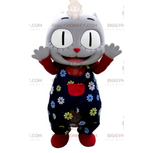BIGGYMONKEY™ maskottiasu, harmaa kissa, jossa on kukka-asu -