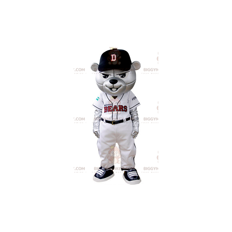 Gray Bear BIGGYMONKEY™ Mascot Costume Dressed In Baseball