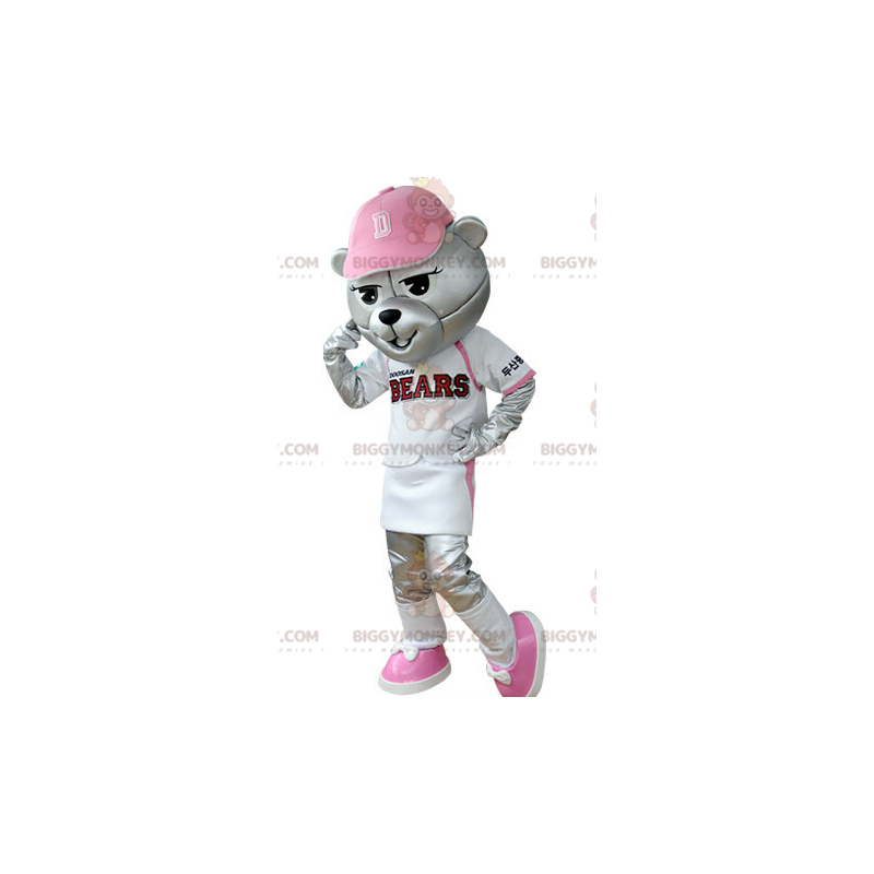 Gray Bear BIGGYMONKEY™ Mascot Costume Dressed In Baseball