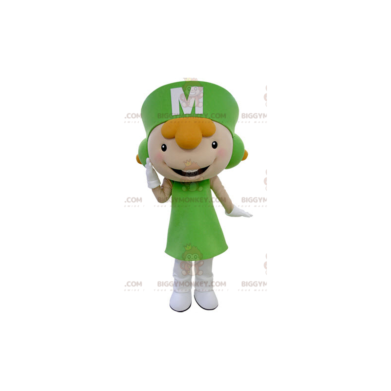 Rödhårig tjej BIGGYMONKEY™ Maskotdräkt klädd i grön uniform -