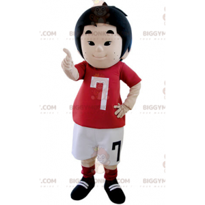 Liten pojke BIGGYMONKEY™ maskotdräkt klädd i fotbollskläder -