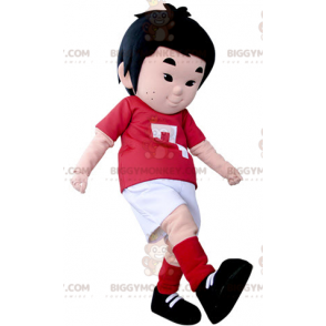 Kostým maskota Little Boy BIGGYMONKEY™ oblečený ve fotbalovém