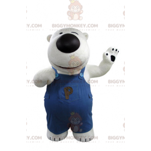 White and Black Bear BIGGYMONKEY™ Mascot Costume with Overalls
