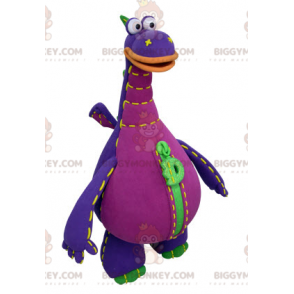 Traje de mascote gigante roxo verde e laranja dragão