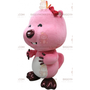 Roze en witte bever BIGGYMONKEY™ mascottekostuum. Otter