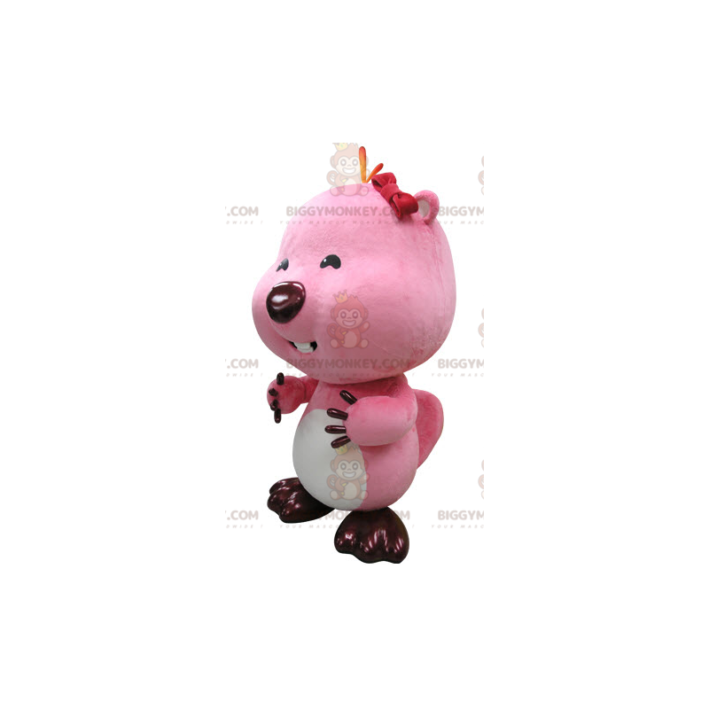 Costume de mascotte BIGGYMONKEY™ de castor rose et blanc.