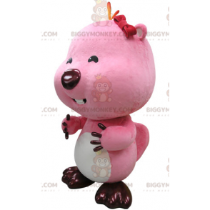 Traje de mascote BIGGYMONKEY™ de castor rosa e branco. Traje de